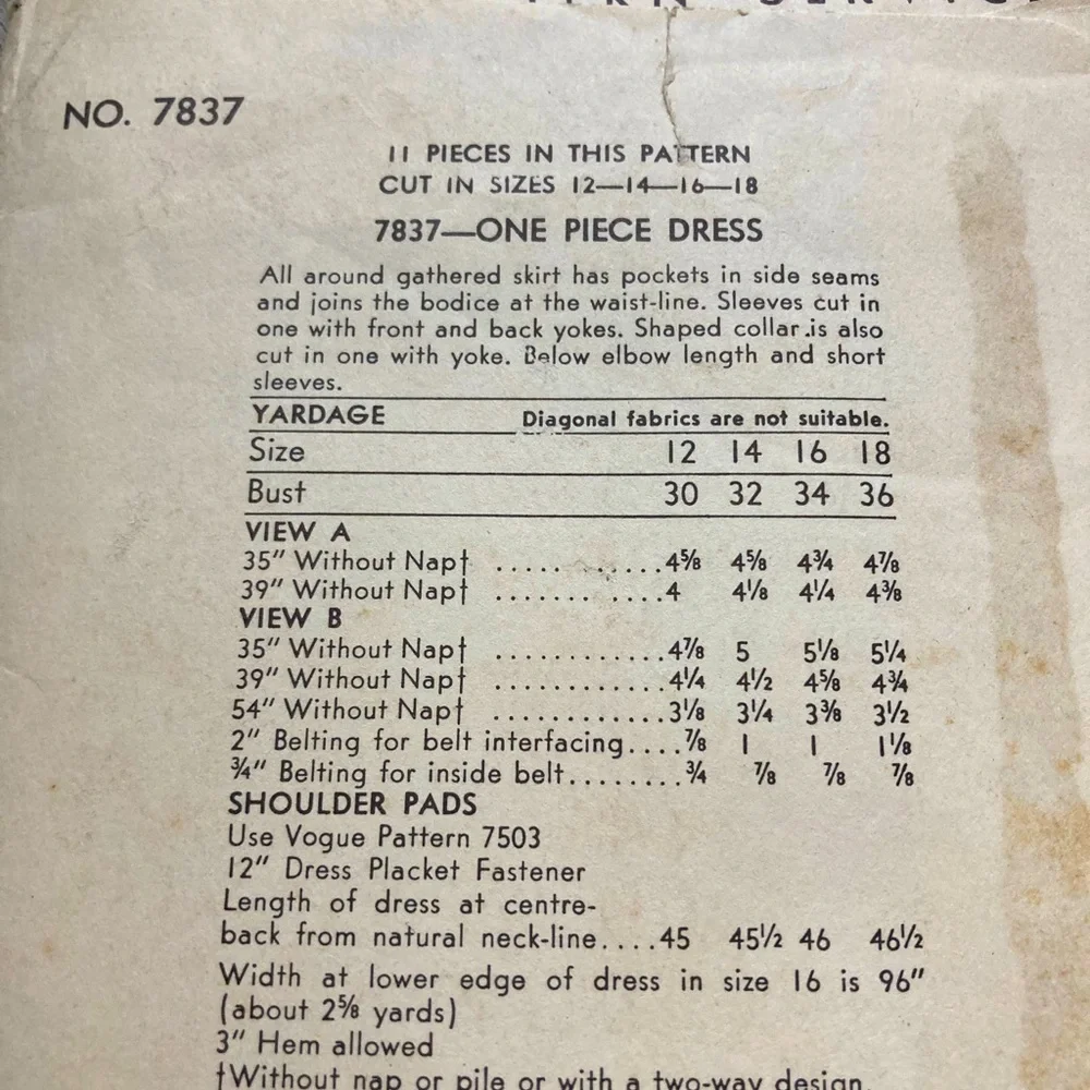 Vogue Pattern 7837 One Piece Dress Size 12 Bust 30 Hip 33 Uncut Vintage Sewing